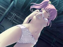 1girls blood blush bondage bow bow_bra bow_panties bra bra_lift breasts closed_eyes female game_cg koduki_chihaya kouzuki_chihaya kusari lace-trimmed_panties lingerie mizutama navel nipple_bondage nipple_leash nipple_pain nipple_piercing nipple_pull nipple_string nipple_torture nipples ohara_tometa panties piercing pink_hair polka_dot polka_dot_bra polka_dot_panties sakura_koharu solo sweat tied_hair torture twintails underwear