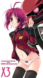 1girls ahoge antenna_hair black_legwear black_thighhighs blush bottomless bow bow_panties flat_chest glowing glowing_eyes gundam gundam_seed gundam_seed_destiny leaning_forward lunamaria_hawke mecha military military_uniform miyama-zero navel no_pants panties pink_hair purple_eyes purple_hair short_hair smile standing thighhighs turtleneck underwear uniform white_panties zaku