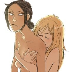 2girls arms_around_partner attack_on_titan blonde_hair breast_grab breasts brown_hair canon_couple christa_lenz color completely_nude double_breast_grab embrace freckles freckles_on_shoulders front_view green_eyes half-closed_eyes hand_on_another's_chest height_difference historia_reiss inner_sideboob lighting long_hair looking_at_partner looking_back milesupshur nuzzling romantic romantic_couple shingeki_no_kyojin sideboob slight_blush smile tied_hair white_background wholesome ymir_(shingeki_no_kyojin) yuri