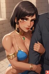 1girl1boy ai_generated black_hair brown_hair dancer_outfit dark_skin dark_skinned_female egyptian face_markings female grabbing_arm hair_ornament harem_outfit indoors looking_at_viewer loyal makeup omega_weirdo overwatch overwatch_2 patreon pharah seductive seductive_look seductive_smile short_hair smile smiling_at_viewer