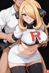 1girl1boy ai_generated big_breasts blonde_hair blush breast_grab cynthia_(pokemon) doggy_style doggy_style female front_view gloves grabbing grabbing_breasts grabbing_from_behind grey_eyes hair_ornament hair_over_one_eye huge_breasts looking_at_viewer midriff omega_weirdo patreon smile smiling smiling_at_viewer standing_doggy_style standing_sex taken_from_behind team_rocket team_rocket_uniform thighhighs