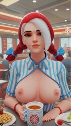 1girls 3d ai ai_generated ashe_(overwatch) black_eyebrows blizzard_entertainment breasts breasts_out crossover crossover_cosplay food freckles freckles_on_face looking_at_viewer moles_on_breasts multicolored_hair nipples overwatch overwatch_2 perry_cracker red_nails restaurant smiling smiling_at_viewer striped_clothing twintails twitter_username watermark wendy's wendy_thomas_(cosplay)