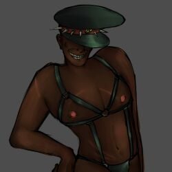 1boy 1male 1man altha_(pretty_blood) bondage_outfit dark-skinned_male dark_skin evil_grin eyes_covered grin grinning hat lingerie nipples pretty_blood solo_male