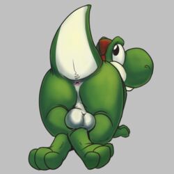 1boy anus balls full_body grey_background looking_back male male_only mario_(series) nintendo nude simple_background skunkjunkie solo video_games yoshi