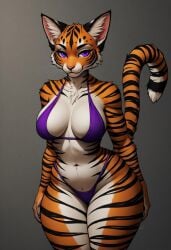 anthro bikini breasts breasts cleavage feline feline_humanoid female fur furry furry_female orange_fur purple_eyes striped_body tail thick_thighs