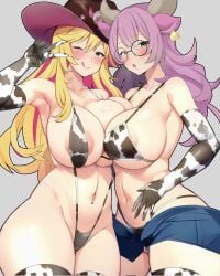 2girls 4riyoyr303zba aisha_ushimaru animal_ears belly_button blonde_hair blush breasts cow_ears cow_girl cow_horns cow_print cow_print_gloves cow_tag cowboy_hat cowgirl duo female female_only glasses gloves green_eyes hat horns huge_breasts indie_virtual_youtuber licking_lips light-skinned_female light_skin lulu_lasso one_eye_closed purple_hair round_glasses virtual_youtuber