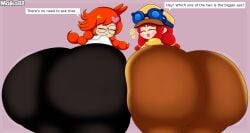 2girls alternate_ass_size ass ass_bigger_than_head ass_focus braid brawl_stars caked_up closed_eyes dat_ass dumptruck_ass gigantic_ass glasses hat huge_ass jessie_(brawl_stars) labcoat large_ass looking_at_viewer looking_back maika88 multiple_girls nintendo orange_eyes penny_crygor red_hair size_comparison speech_bubble twin_braids twintails warioware wide_hips