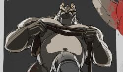 2024 3_horns anthro back_spikes belt biceps blood blood_on_hand bodily_fluids bottomwear clothing deltoids dragon european_mythology facial_horn facial_spikes fist genitals grey_body grey_scales holding_belt holding_object horn looking_at_viewer looking_down looking_down_at_viewer low-angle_view male multi_horn musclegut muscular muscular_anthro muscular_male mythological_creature mythological_scalie mythology navel nipples nose_horn pecs penis penis_base saberzelgrath scales scalie solo spiked_tail spikes spikes_(anatomy) tail western_dragon worm's-eye_view yellow_sclera