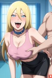 1girl1boy ai_generated big_breasts blonde_hair blue_eyes blush boruko boruto:_naruto_next_generations breast_grab collar faceless_male female grabbing grabbing_breasts grabbing_from_behind huge_breasts indoors laughing_at_viewer long_hair looking_at_viewer muscular_male naruto omega_weirdo open_mouth patreon sexy_jutsu skirt tank_top tongue_out uzumaki_boruto whisker_markings