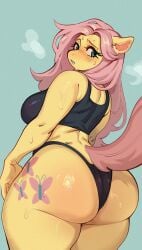 1girls anthro ass big_ass bottom_heavy bra breasts bubble_butt dat_ass equine fat_ass female female_only fluttershy_(mlp) huge_ass large_ass looking_at_viewer looking_back my_little_pony nocturne_nsfw panties pink_hair pink_tail solo sweat sweaty_body thick_ass thick_thighs wide_hips yellow_body