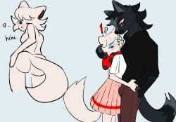 2023 ambiguous_fluids anthro bloowolfy blue_background bottomwear bulge canid canine canis clothed clothing domestic_cat duo felid feline felis female hi_res interrobang male male/female mammal nude shirt simple_background skirt topwear wolf