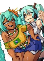 2girls bikini blue_eyes blue_hair blush brazilian_miku bubble_butt dark-skinned_female fat_ass flower_in_hair hairy_pussy hatsune_miku jean_shorts latina light-skinned_female looking_at_another looking_at_partner looking_back moxydrawsmore nervous nervous_smile pubic_hair round_ass shorts simple_background smile smiling_at_partner teasing thick_thighs thong twintails white_background wide_hips