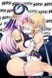 2girls ass big_breasts blonde_hair blush breasts citlali_(genshin_impact) english_text female female_focus female_only genshin_impact hinghoi light-skinned_female light_skin looking_at_another lumine_(genshin_impact) pink_hair text thighs thought_bubble wide_hips