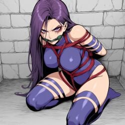 ai_generated angry ball_gag bondage gag looking_at_viewer marvel psylocke purple_hair rope tagme tight_clothing