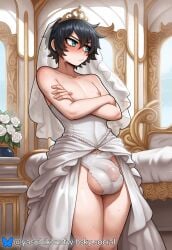 ai_generated androgynous arms_crossed balls_in_panties big_balls big_penis black_hair blue_eyes blush bottomless_male crown femboy femboy_only flaccid huge_balls looking_away looking_down male_wife marriage nipples pale_skin pouting prince royalty twink wedding_dress wedding_lingerie wedding_veil yasuhikonsfw