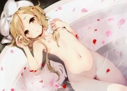 absurdres bathing bathtub blonde_hair blush braid breasts cleft_of_venus collarbone completely_nude crossed_legs female from_above groin hand_in_own_hair highres ke-ta kirisame_marisa long_hair looking_at_viewer looking_up navel nipples nude open_mouth parted_bangs parted_lips partially_submerged pink_petals pussy red_petals side_braid small_breasts solo stomach thighs touhou towel towel_on_head uncensored water wet yellow_eyes