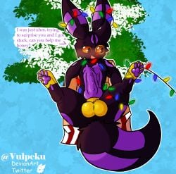 2_penises balls black_body black_fur blush christmas_decorations diphallia diphallism eeveelution english_text feral fur generation_2_pokemon genitals hi_res male multi_genitalia multi_penis nintendo pawpads paws penile_spines penis pokemon pokemon_(species) purple_penis solo tail text umbreon umbry_(vulpeku) vulpeku