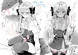 1boy anna_(ikeuchi_tanuma) blush bow center_frills clothes_lift clothing_cutout collared_shirt commentary_request dress dress_lift female frills greyscale hairbow hands_on_another's_hips highres ikeuchi_tanuma long_sleeves monochrome multicolored_text original panties pov pov_hands shirt short_dress shoulder_cutout spot_color straight thigh_sex thighhighs translation_request underbust underwear wavy_mouth zettai_ryouiki