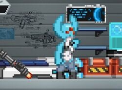 1girls alien angry animated arcanistha bouncing_breasts breasts female flashing gun hylotl multi_eye navel pixel_art pussy ranged_weapon red_eyes shirt shirt_lift standing starbound tank_top weapon