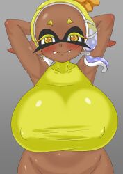 1girls blue_fingers bottomless bottomless_female dark-skinned_female dark_skin enjoying frye_(splatoon) gradient_hair inkling inkling_girl large_breasts nintendo pointy_ears splatoon splatoon_(series) splatoon_3 sweat tentacle_hair yawake