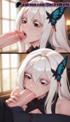 1boy 1girls 2025 2girls ai ai_assisted ai_generated anime anime_girl anime_style artist_name big_penis bj black_dress black_eyes blowjob blowjob_face blue_butterfly blurry blurry_background blush butterfly butterfly_hair_ornament cock dick dress echidna_(re:zero) electroworld english_text fellatio female grey_eyes hair_between_eyes hair_ornament hi_res high_quality high_resolution highres indoors large_penis licking licking_penis long_hair multiple_fellatio multiple_girls open_mouth oral oral_sex patreon patreon_username penis re:zero_kara_hajimeru_isekai_seikatsu saliva stable_diffusion straight sucking tongue tongue_out uncensored watermark white_hair