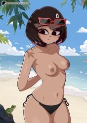 alternate_version_available areolae armasdraws black_hair breasts evie_(fortnite) fortnite patreon_username red_earrings swimsuit tree_frog