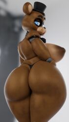 3d alternate_angle animatronic anthro areola ass bear big_areola big_breasts big_butt black_bow_tie black_clothing black_hat black_headwear black_thong black_underwear blender_(artwork) blue_eyes blurred_background bow_tie breasts clothed clothing dark_nipples digital_media_(artwork) female five_nights_at_freddy's freddy_(fnaf) half-closed_eyes hat headgear headwear hi_res highleg looking_at_viewer looking_back looking_back_at_viewer machine mammal mishuyuu_(modeler) mtf_crossgender narrowed_eyes nipples pupils rear_view robot robot_anthro rule_63 scottgames solo standing thick_thighs thong tlittleginny top_hat topless topless_anthro topless_female underwear white_pupils wide_hips