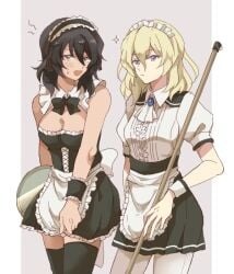 2girls andou_(girls_und_panzer) blonde_hair dark-skinned_female dark_hair girls_und_panzer light-skinned_female light_skin maid maid_outfit medium_breasts oshida_(girls_und_panzer)