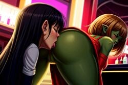 2girls ai_generated ass ass_licking ass_worship black_hair brown_hair butt_licking butt_worship elf elf_female face_in_ass female female/female halfling_female indoors light-skinned_female light_skin long_hair orc orc_female tongue_in_ass yuri