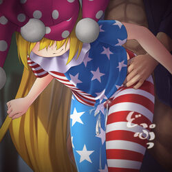 1boy american_flag american_flag_legwear american_flag_shirt bent_over between_thighs black_shirt blonde_hair bottomless censored closed_mouth clownpiece cum female flag_print hair hat headgear horizontal_stripes long_hair mikami_yuuki_(nl8you) mosaic_censoring muscle open_clothes open_shirt pantyhose penis pink_hat polka_dot shirt short_sleeves smile solo_focus standing star_print striped touhou very_long_hair