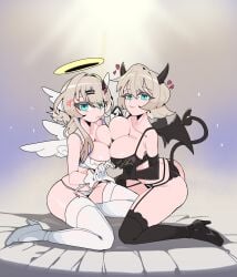 2girls angel_and_devil angel_costume angel_wings anger_vein angry aqua_eyes black_bra black_gloves black_panties bra breasts cleavage devil_costume devil_wings duo fake_devil_horns fake_tail gloves halo heart heels horns huge_breasts jushikuroni light-skinned_female light_brown_hair light_skin milf mother_and_daughter panties phase_connect phase_origins rinkou_ashelia rinmama thighhighs virtual_youtuber white_bra white_gloves white_panties wings