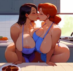 2girls ai_generated apron apron_only big_ass big_breasts female female_only french_kiss huge_ass huge_breasts hyper_breasts kissing kitchen mamaguevin milf partially_clothed solo thick_thighs wide_hips yuri