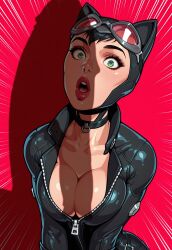 1boy 1girls :o ai_generated batman:_arkham_city batman_(series) big_breasts bodysuit breasts catsuit catwoman catwoman_(arkham_city) choker civitai cleavage dc_comics female futazealot green_eyes hourglass_figure large_breasts light-skinned_female light_skin male offscreen_character offscreen_male open_mouth penis penis_awe penis_shadow surprised unzipped unzipped_bodysuit wide_hips