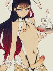 1boy androgynous animal_ears ball_bra balls_in_bunnysuit balls_in_panties ban bangs black_hair blush bow bunny_boy bunny_ears bunnysuit choker decensored erection femboy fishnet_legwear fishnet_stockings fishnets girly grey_eyes hairbow heart hourglass_figure hung_trap large_penis long_hair maid male male_only navel navel_piercing nipple_piercing nipple_ring nipple_rings nipples original penis penis_piercing piercing revealing_clothes solo stuffed_animal stuffed_bunny stuffed_toy thighhighs trap tray uncensored very_long_hair wrist_cuffs