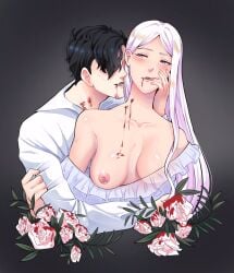 1boy 1boy1girl 1girls aapplebluee bite bite_mark black_hair blood blood_on_face blood_stain breasts breasts_out couple covered_eyes edelgard_von_hresvelg fire_emblem fire_emblem:_three_houses hubert_von_vestra long_hair nipples purple_eyes rose rose_(flower) shirt short_hair tagme tongue tongue_out white_body white_hair white_skin