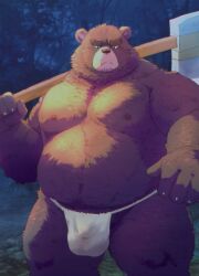 2025 anthro asian_clothing bear belly big_belly bulge clothing east_asian_clothing fundoshi hi_res japanese_clothing kemono male mammal moobs night nipples outside overweight overweight_male plant solo tree underwear weapon white_clothing white_fundoshi white_underwear yakiniku