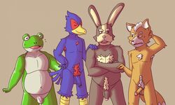 amphibian avian bird canine crossed_arms falco_lombardi fox fox_mccloud fur furry_ears furry_tail group hand_on_shoulder hare kayadult lagomorph male male_only mammal nintendo nude penis peppy_hare slippy_toad smile standing star_fox tail tears toad video_games