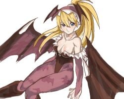 1girls animal_print bare_shoulders bat_print big_breasts black_leotard black_wings blonde_hair blue_eyes breasts ciel_(mega_man) clothing_cutout collarbone company_connection cosplay cutout_above_navel darkstalkers demon_girl demon_wings female female_only head_wings heart_cutout helmet highleg highleg_leotard highres invisible_chair leotard long_hair mega_man mega_man_(series) mega_man_zero_(series) morrigan_aensland morrigan_aensland_(cosplay) off_shoulder pantyhose pink_helmet print_pantyhose purple_pantyhose raica_(khongbautroi) simple_background sitting solo tanaka_rie voice_actor_connection white_background wings