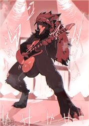 anthro anthro_only balls big_balls big_penis bodily_fluids border canid casual_exposure claws ear_piercing ear_ring electric_guitar erection exsys facial_piercing fur generation_5_pokemon genital_fluids genitals grey_body grey_fur guitar hair humanoid_genitalia humanoid_penis long_hair male mammal musical_instrument nintendo nose_piercing nose_ring on_stage penis piercing playing_guitar playing_music plucked_string_instrument pokemon pokemon_(species) precum red_claws red_hair ring_piercing sharp_teeth solo string_instrument teeth toe_claws tongue tongue_out white_border zoroark