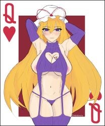 blonde_hair breast breasts busty dra._latency lingerie poker purple_eyes queen_of_hearts touhou virgin_destroyer_sweater yakumo_yukari yukari_yakumo