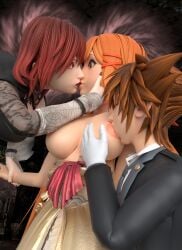 1boy big breasts breasts_out disney dress hypnotic_eyes kairi kingdom_hearts kissing orange_hair red_hair sora sora_(kingdom_hearts) strelitzia sucking_nipples suit tagme threesome usbsantiago vampire