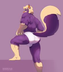 anthro archer_the_skunk ass balls_outline bulge clothed clothing detailed_bulge genital_outline hi_res looking_at_viewer looking_back looking_back_at_viewer male mammal mephitid muscular muscular_anthro muscular_butt presenting presenting_hindquarters raised_tail saintbullart skunk solo tail thick_tail underwear underwear_only