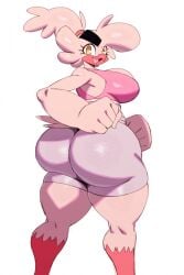 anthro ass avian aza_(doodledox) beak big_breasts big_butt bird bottomwear bra breasts clothed clothing feathers female hi_res huge_breasts huge_butt non-mammal_breasts open_beak open_mouth shorts solo sports_bra sssonic2 standing thick_thighs underwear white_body white_feathers