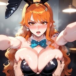 1boy 1girls ai_generated animal_ears areola_slip areolae arm_tattoo armpit_crease armpits bangs bare_shoulders black_bow black_bowtie black_leotard blue_bow blue_bowtie blurry blush bow bowtie breast_grab breasts brown_eyes bunny_costume bunny_ears bunny_girl bunnysuit casino casino_table clavicle cleavage clothing curvaceous curvaceous_female curvaceous_figure curvy curvy_figure deep_skin detached_collar earrings eyebrows eyelashes fake_animal_ears female female female_focus grabbing groping headwear heart huge_breasts indoors inviting inviting_to_sex jewelry large_breasts leotard lips long_hair looking_at_viewer male miyuai nami nami_(one_piece) navel neckwear nipples one_piece open_mouth orange_eyes orange_hair outstretched_arms playboy_bunny pov pov_hands presenting presenting_breasts seductive seductive_look seductive_smile shiny shiny_skin shoulder_tattoo smile solo_focus straight strapless strapless_leotard sweat tattoo teeth thighs upper_body upper_teeth_only voluptuous voluptuous_female wrist_cuffs