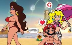 angry beach big_boobs big_breasts big_butt bikini blonde_hair boobs breast_size_difference breasts brown_hair busty curvy dcb2art distracted_boyfriend jealous_female large_breasts mario mario_(series) mustache nintendo pauline princess_peach small_breasts super_mario_odyssey ta-tas tits