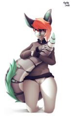 anthro bottomless clothed clothing derpah ear_piercing female freckles hair hi_res kneeling looking_at_viewer mammal piercing pussy red_eyes simple_background solo studio_(subtershea) tail_hug white_background