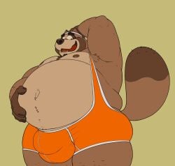 2025 anthro belly big_belly brown_body bulge canid canine hi_res male mammal moobs navel nipples open_mouth overweight overweight_male raccoon_dog seyrmo simple_background smile solo tanuki vtuber