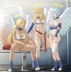 3girls absurdres against_wall angel angel_wings arm_across_chest blonde_hair blue_footwear bottomless boxing_gloves commission commissioner_upload dark-skinned_female dark_skin hair_over_one_eye halo halterneck hasaera_rabi highres labelcase multiple_girls non-web_source open_mouth pachikar pointy_ears pomelomelon pussy sitting talking toushin_toshi toushin_toshi_girls_gift toushin_toshi_ii wings