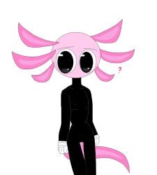 ? axolotl axolotl_humanoid axolotl_tail big_eyes black_body gills hips kinito kinitopet nipples petite_body petite_male pink_head pussy tiny_tits white_gloves