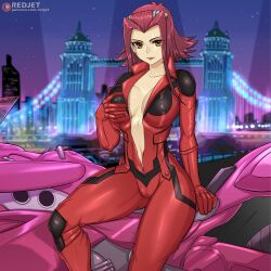 akiza_izinski biker_clothes biker_girl bikesuit blush bodysuit breast_grab breast_squeeze breasts brown_eyes cleavage female female_focus female_only grabbing grabbing_own_breast izayoi_aki large_breasts looking_at_viewer motorcycle_suit no_bra open_bodysuit red_bodysuit red_hair redjet short_hair thick_thighs thighs uncensored unzipped unzipped_bodysuit yu-gi-oh! yu-gi-oh!_5d's zipper_pull_tab